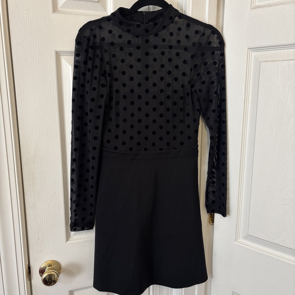 French Connection Lea Mesh Jersey Knit Dress Black Polka Dot LS 10 71IPA